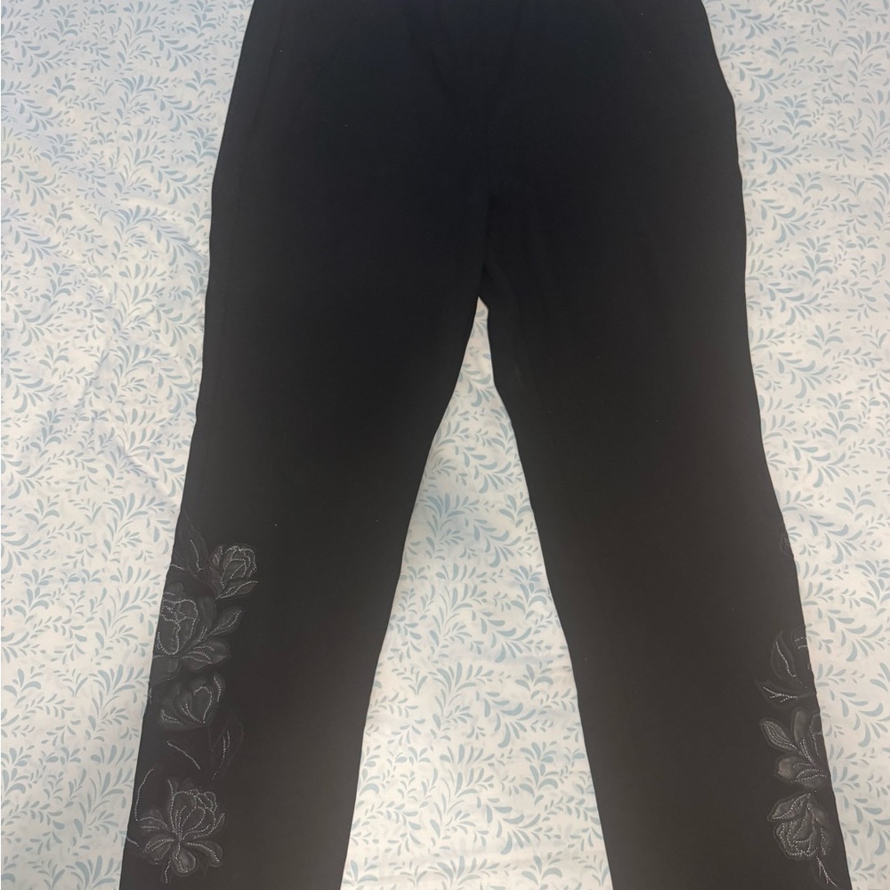 Black Embroidered Chicos Pants with Floral Detail